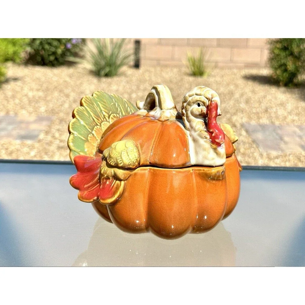 Ceramic Pumpkin Turkey Container w Lid Thanksgiving Orange Brown Holiday Dish